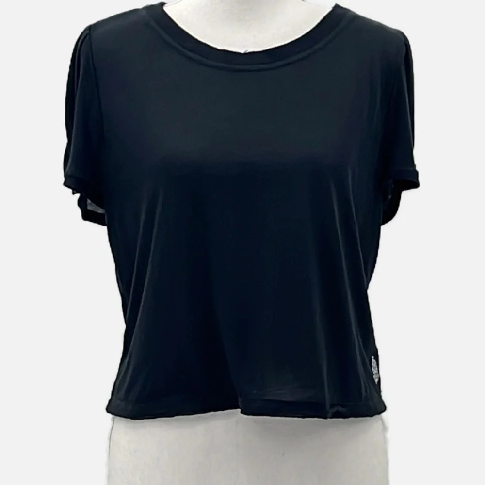 Free People Movement Cropped Ribbed Semi Sheer Top in Black - Size Large